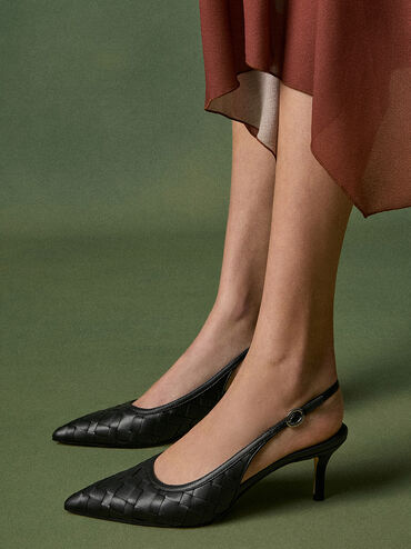 Ivette Woven Pointed-Toe Slingback Pumps, Black, hi-res