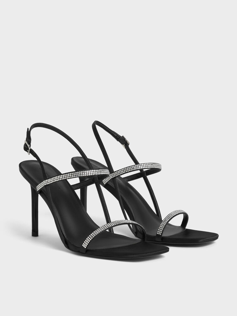 Arona Satin Crystal Stiletto Sandals, Black Textured, hi-res
