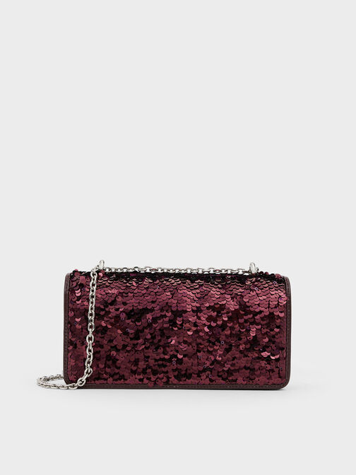 Paffuto Sequinned Wallet On Chain, Burgundy, hi-res