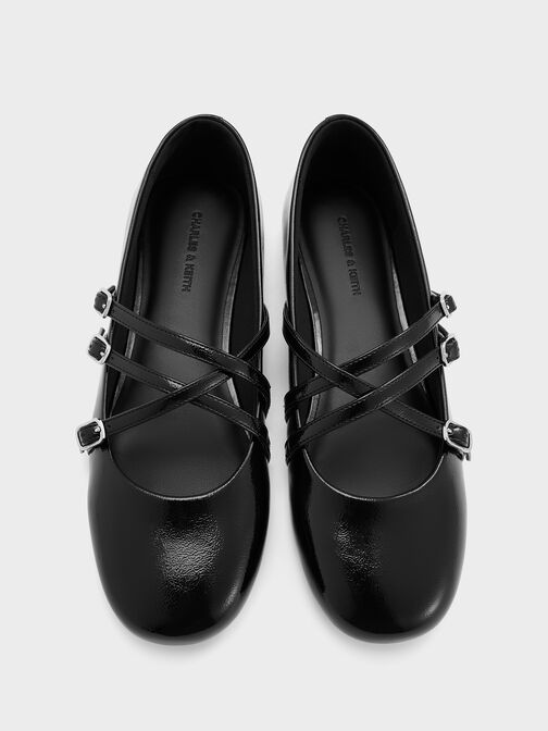 Patent Triple-Strap Crossover Mary Jane Flats, Black Patent, hi-res