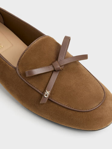 Leather & Suede Bow Loafers, Brown, hi-res