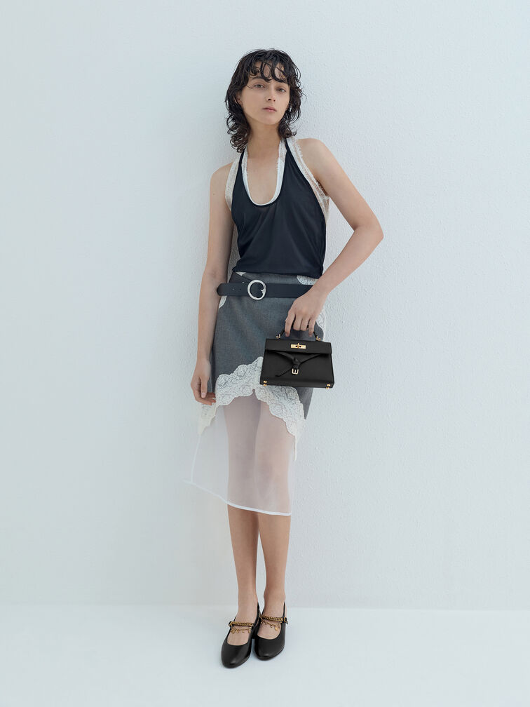 شنطة بحمالة يد بحزام معقود, أسود, hi-res