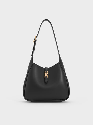 شنطة هوبو ميني أدالين بمشبك معدني وحزام, أسود, hi-res