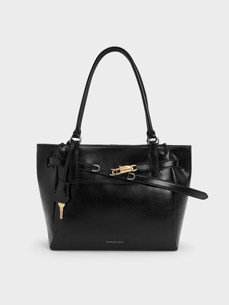 Delfina Belted Tote Bag, Noir, hi-res