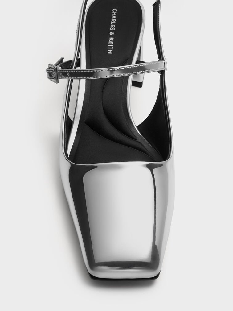 Metallic Square-Toe Mary Jane Slingback Pumps, Silver, hi-res