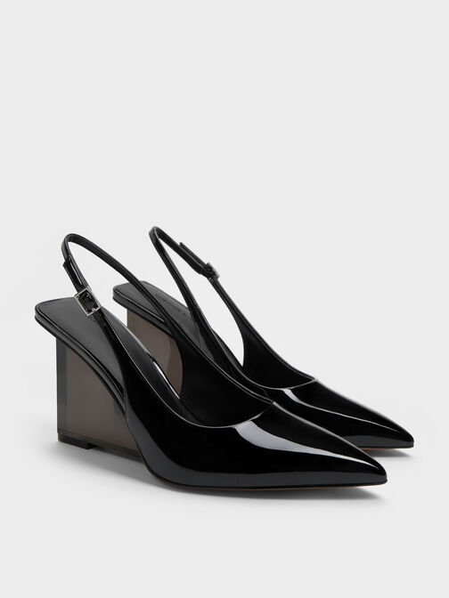 Patent Translucent-Heel Slingback Wedges, Black Patent, hi-res