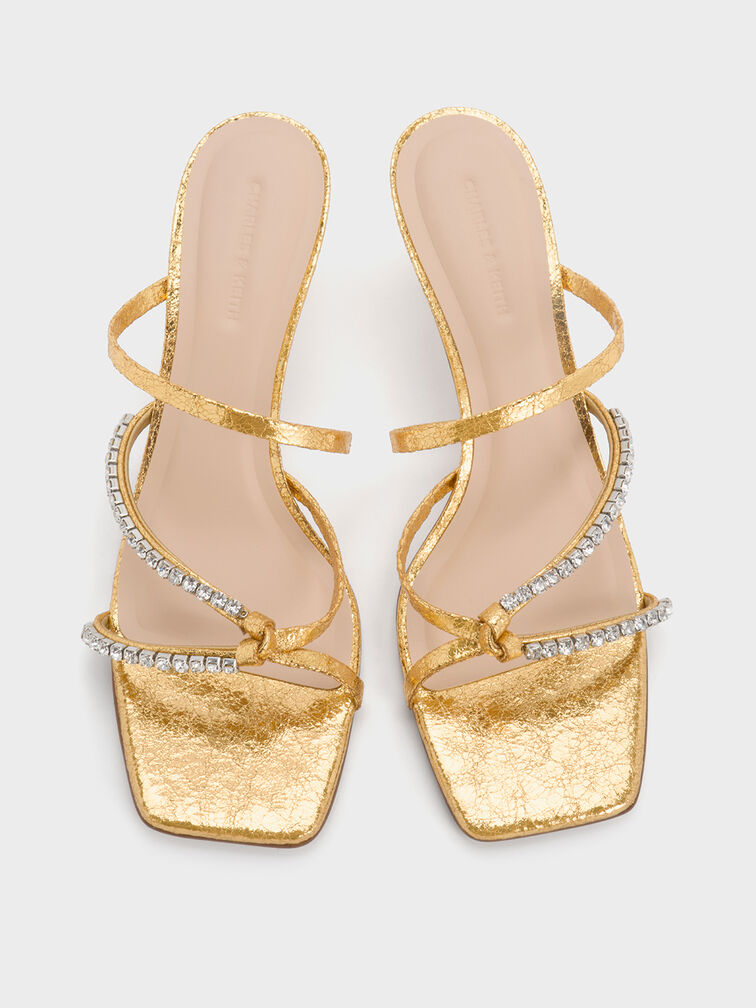 Textured Gem-Embellished Strappy Heeled Sandals, Gold, hi-res