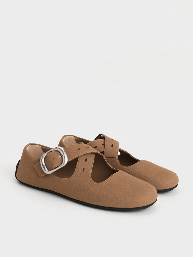 Faux Suede Crossover-Strap Mary Janes, Brown, hi-res