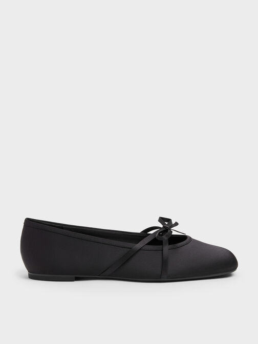 Satin Bow Ballet Flats, Black Textured, hi-res