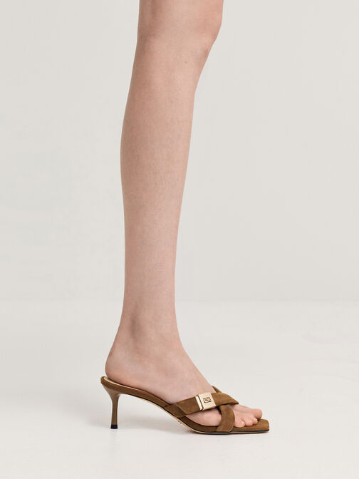 Cody Suede Crossover Heeled Mules, Brown, hi-res