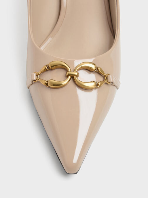 Patent Metallic-Buckle Pointed Pumps, Nude, hi-res