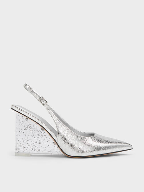 Metallic Speckled-Heel Slingback Wedges, Silver, hi-res