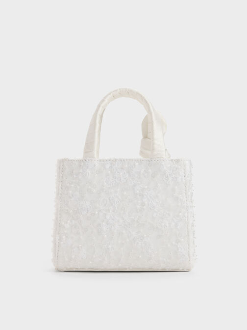 حقيبة صغيرة مطرزة من قماش شبكي مزين بالخرز من ألباني, أبيض, hi-res