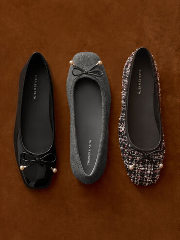 Barbara Felt Pearl-Bow Ballet Flats, Grey, hi-res