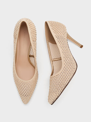 حذاء من قماش شبكي بكعب ستيليتو وتصميم مزين بالكريستال, ذهبي, hi-res