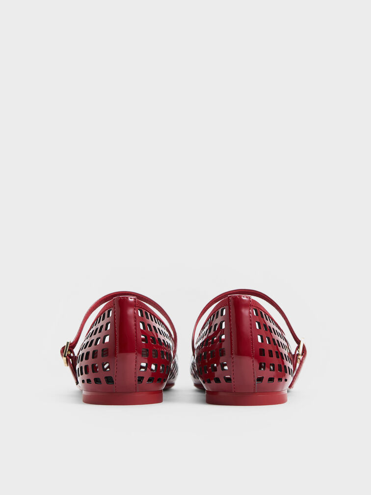 حذاء ماري جين فلات بفتحات من الجلد اللامع, أحمر, hi-res