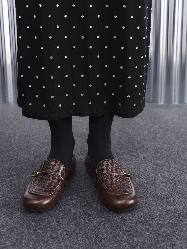 Woven Buckle-Strap Loafers, Dark Brown, hi-res