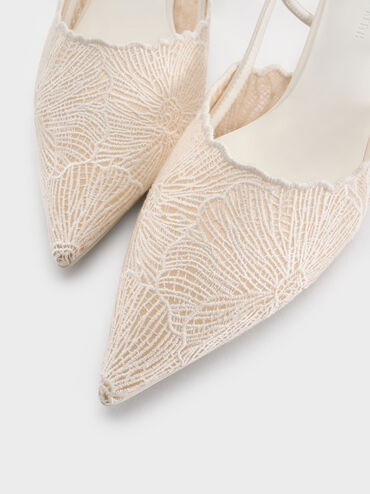 Meja Floral-Crochet Slingback Pumps, White, hi-res