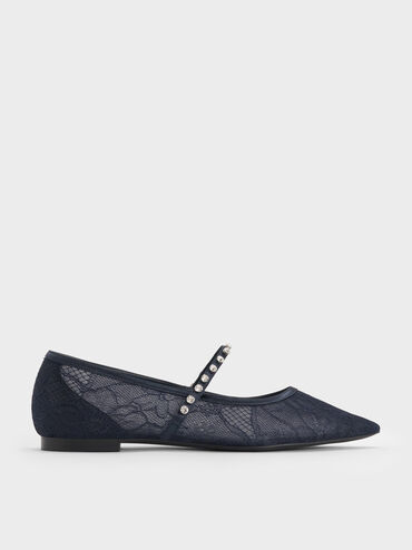Lace & Satin Crystal Mary Jane Flats, Dark Blue, hi-res