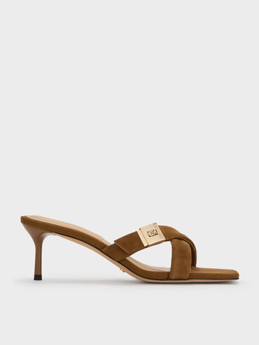 Cody Suede Crossover Heeled Mules, Brown, hi-res
