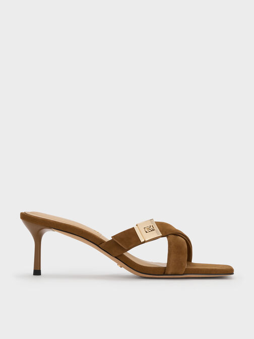 Cody Suede Crossover Heeled Mules, Brown, hi-res