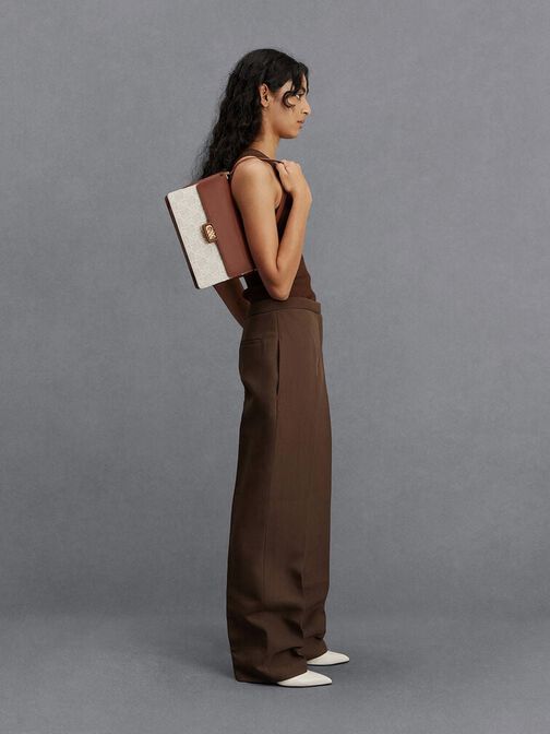 شنطة كتف جلد وقماش بلونين, كونياكي, hi-res