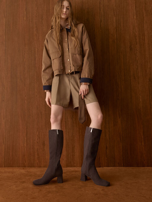 Faux Suede Square-Toe Knee-High Boots, Dark Brown Textured, hi-res