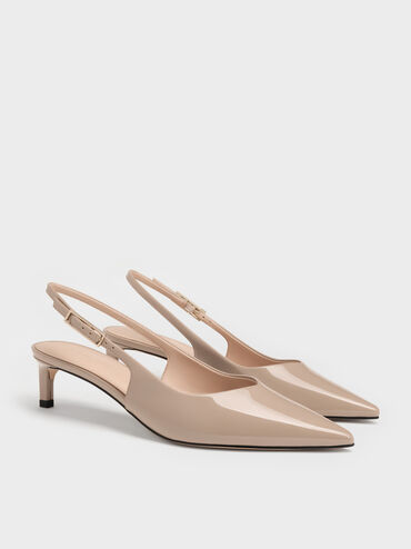 Luciana Patent Slingback Kitten Heels, Taupe, hi-res