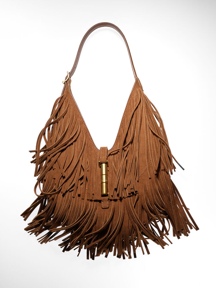 Cesia Fringed Hobo Bag, Sienna Brown, hi-res