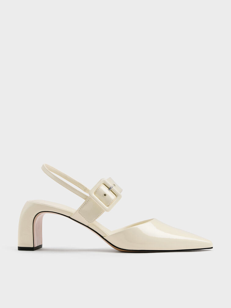 Patent Buckled Pointed Slingback Pumps, Butter, hi-res
