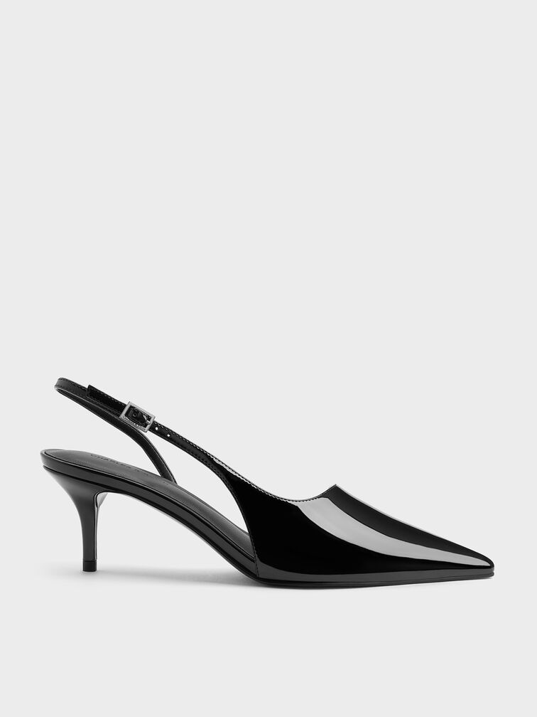 Patent Pointed Slingback Pumps, Black Patent, hi-res