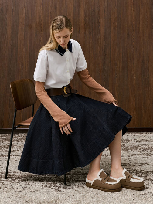 Furry Flatform Mules, Brown, hi-res