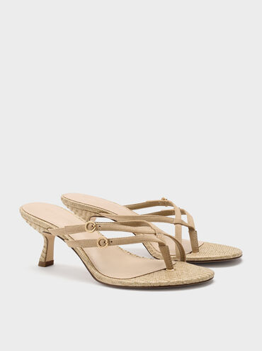 Faux Suede Crossover Toe-Ring Strappy Heels, Sand, hi-res