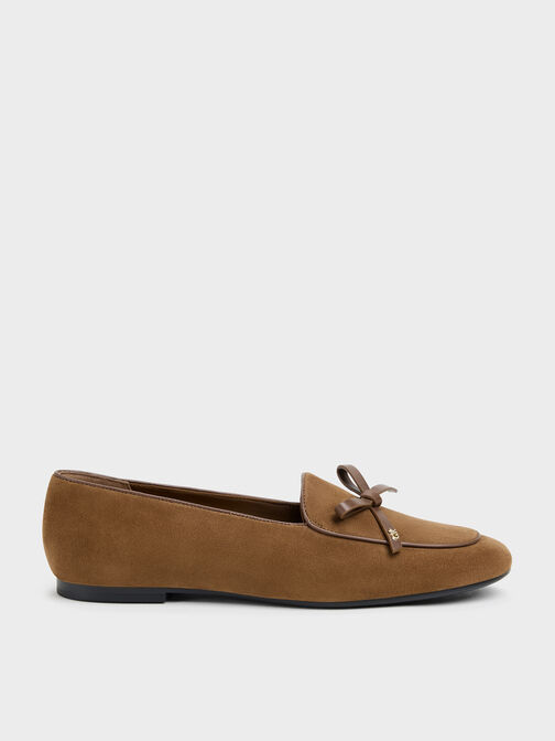 Leather & Suede Bow Loafers, Brown, hi-res
