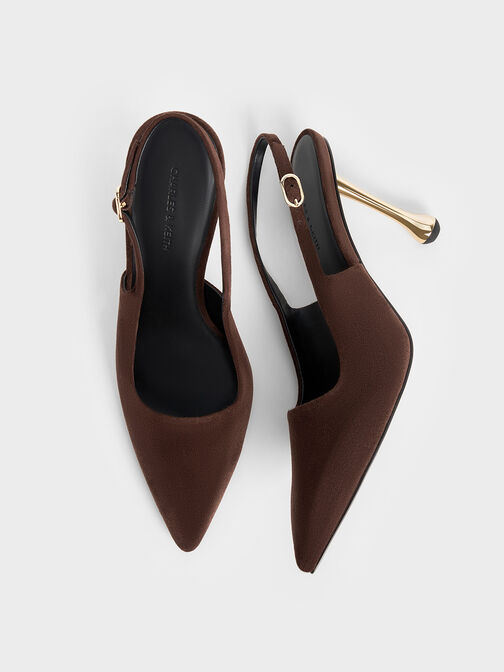 Faux Suede Sculptural-Heel Pointed Pumps, Dark Brown, hi-res