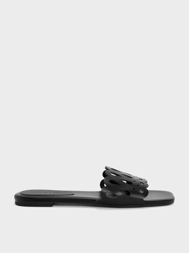Cut-Out Slide Sandals, Black, hi-res