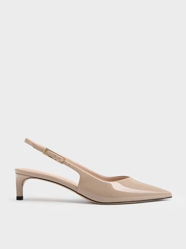 Luciana Patent Slingback Kitten Heels, Taupe, hi-res