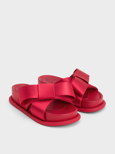 Satin Bow Flatform Sandals, Red, hi-res