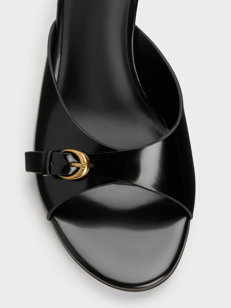 Buckled-Strap Heeled Mules, Black Boxed, hi-res