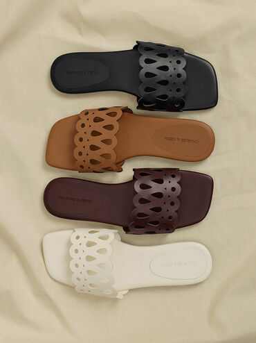 Cut-Out Slide Sandals, Black, hi-res