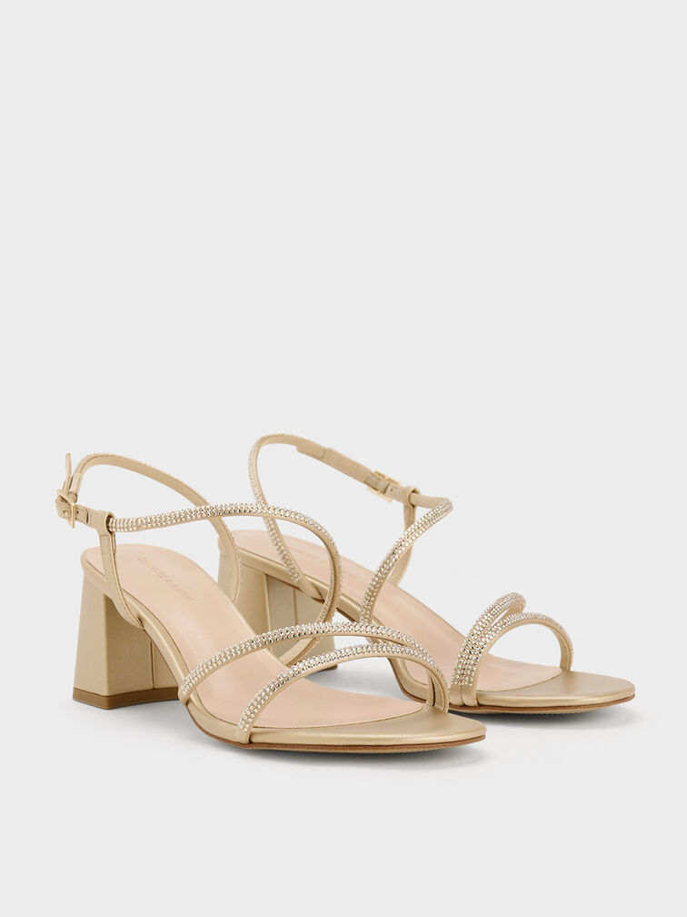 صندل من الساتان بكعب مربع وأشرطة وتصميم مزين بالكريستال, ذهبي, hi-res