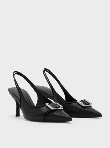 Anita Buckled Pointed-Toe Slingback Pumps, Black, hi-res
