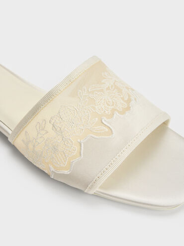 Satin Embroidered-Mesh Slide Sandals, White, hi-res