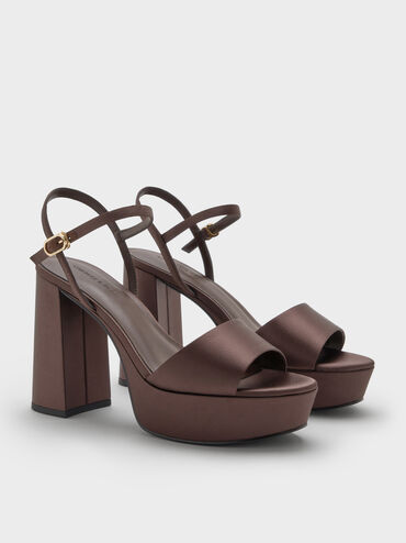 Satin Block-Heel Platform Sandals, Dark Brown Textured, hi-res
