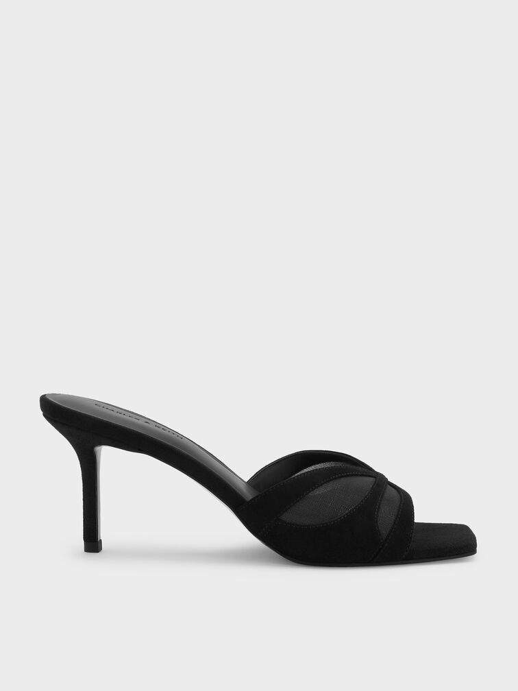 Faux Suede & Mesh Heeled Mules, Black Textured, hi-res