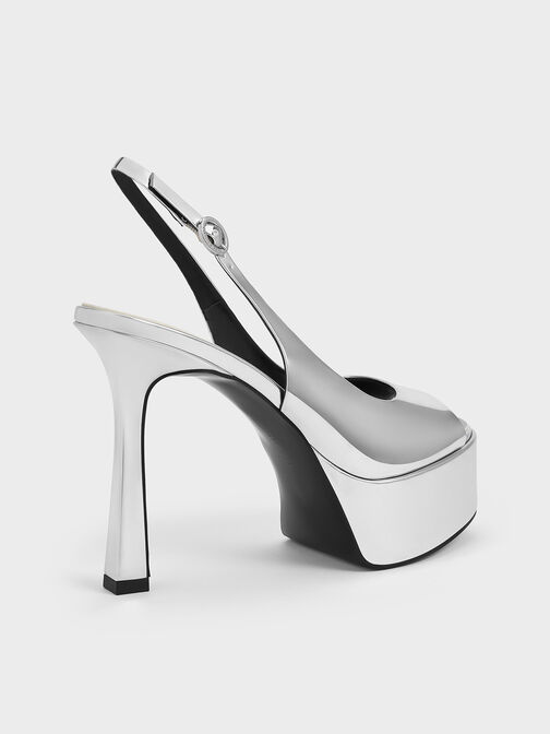 Metallic Peep-Toe Stiletto-Heel Platform Sandals, Silver, hi-res