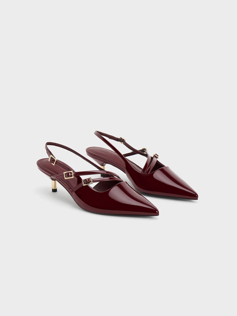 Patent Pointed Slingback Kitten Heels, Maroon, hi-res