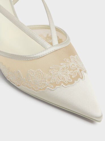 Satin Embroidered-Mesh Slingback Kitten Heels, White, hi-res
