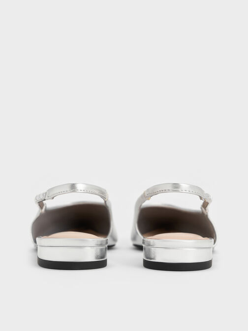 Metallic Crystal-Embellished Strap Slingback Flats, Silver, hi-res