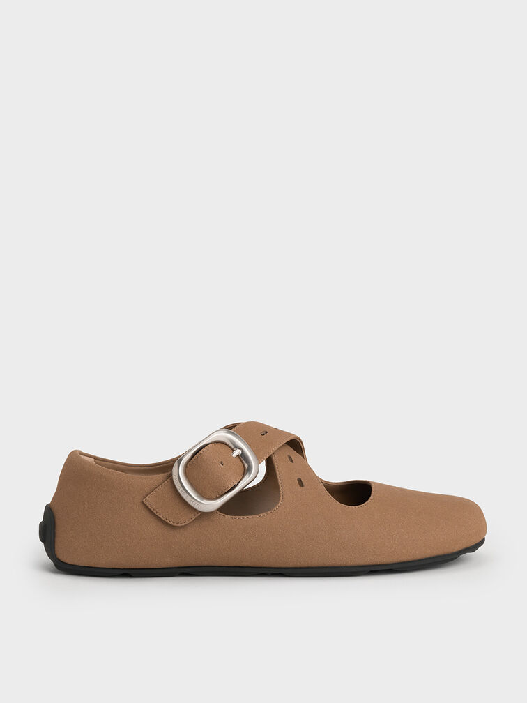 Faux Suede Crossover-Strap Mary Janes, Brown, hi-res